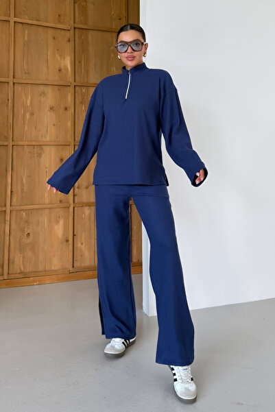 Trendseninle Kadın Lacivert Yarım Fermuarlı Dik Yaka Kazak Alt-Üst Pantolonlu...