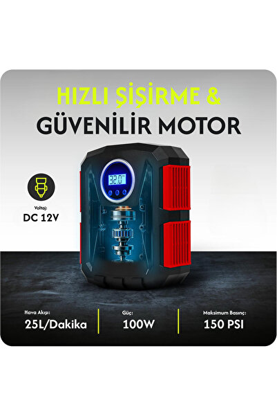 Enshall Araç Çakmaklık Uyumlu Kablolu Led Işıklı Araç Motor Bisiklet Top vs. Lastik Şişirme Hava Kompresörü