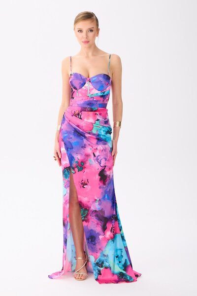 Carmen Fuşya Askılı Yırtmaçlı Empirme Saten Abiye Elbise