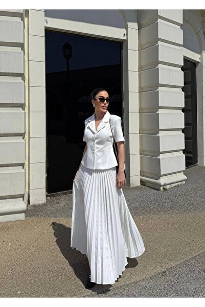 Diemmood Women's Short Sleeve Jacket and Pleated Skirt Set