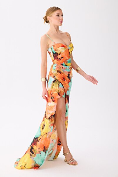Carmen Orange Askılı Yırtmaçlı Empirme Saten Abiye Elbise