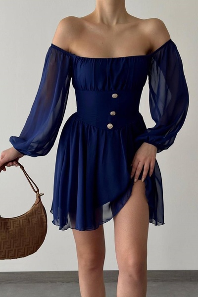 bayansepeti Lacivert Astarlı Şifon Kumaş Straplez Yaka Düğme Tasarımlı Uzun Kollu Mini Kloş Elbise 089