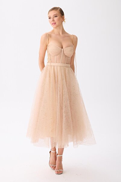 Carmen Gold Midi Dantelli Abiye Elbise