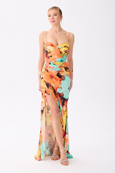 Carmen Orange Askılı Yırtmaçlı Empirme Saten Abiye Elbise