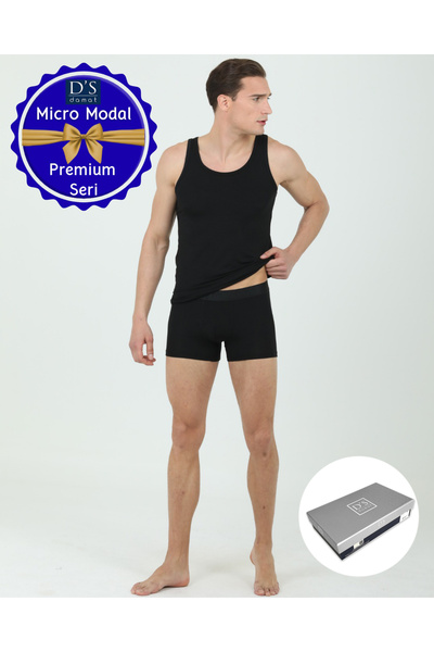 D'S Damat Ds Damat 2-Piece Boxer Undershirt Set Micro Modal Fabric Premium Series Luxury Boxed Black