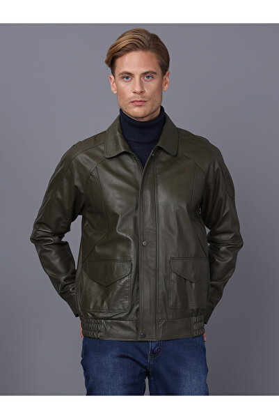 Basics&More Modern Men's Khaki Leather Jacket - E344