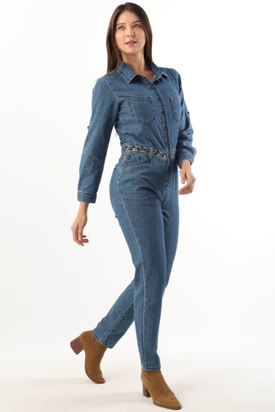 BANNY JEANS Women's Ethnic Pattern Belted Soft Textured Jean Jumpsuit Blue