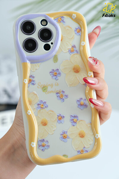 Fibaks İphone 15 Pro Uyumlu Kılıf Tasarımlı Desenli Kamera Korumalı Papatya Çiçek Renkli Silikon Kapak