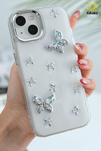 Fibaks İphone 13 - 14 - 15 Kılıf Sedefli Metal Kelebek Epoksili Fiyonk Desenli Kamera Çıkıntılı Silikon