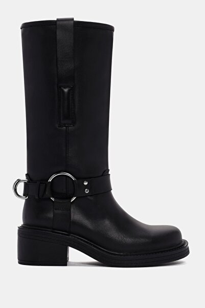 Bestyle Zeta Kadın Siyah Gerçek Toka Detaylı Deri Biker Çizme