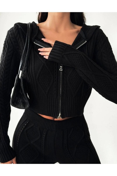 Lusin Fekete Crop kardigán és nadrág szett - kapucnis és cipzáras kötöttáru, S/M