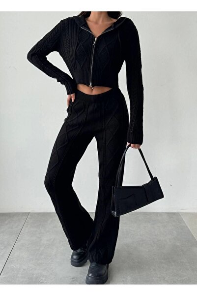 Lusin Fekete Crop kardigán és nadrág szett - kapucnis és cipzáras kötöttáru, S/M