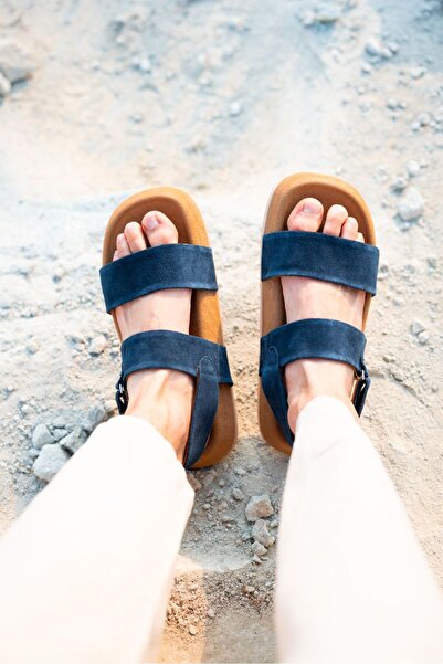 by selvi Lukka Shoes Farah Genuine Leather Navy Blue Light Sole Sandals