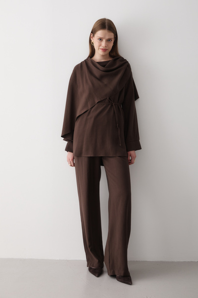 JASTE Women's Brown Draped Belted Blouse & Wide Leg Elastic Waist Bottom & Top Set