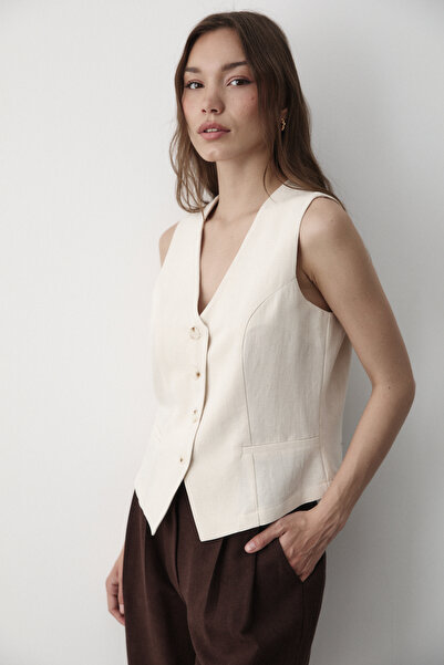 JASTE Women's Natural Lined Button Detailed Linen Vest