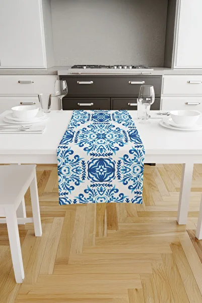 ASDİVA Flowa Ethnic Floral Patterned Runner – Elegant Ethnic Pattern on Blue and White Background 40X140 cm