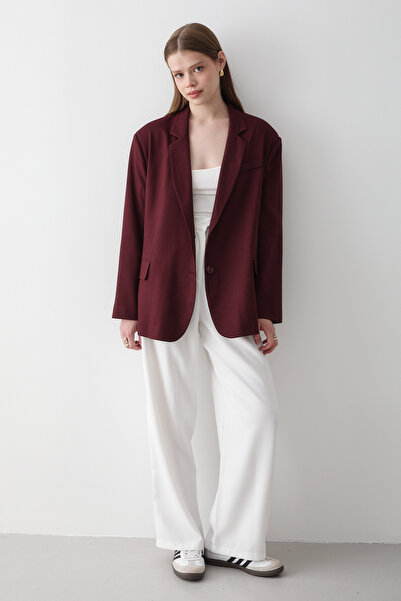 JASTE Women's Burgundy Button Detailed Oversize Blazer Jacket