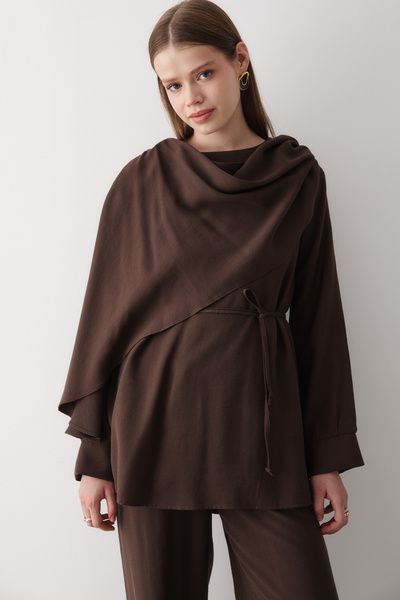 JASTE Women's Brown Draped Belted Blouse & Wide Leg Elastic Waist Bottom & Top Set
