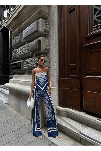 Kinzi Women's Ethnic Shawl Patterned Blue Satin Crop with Rope Strap