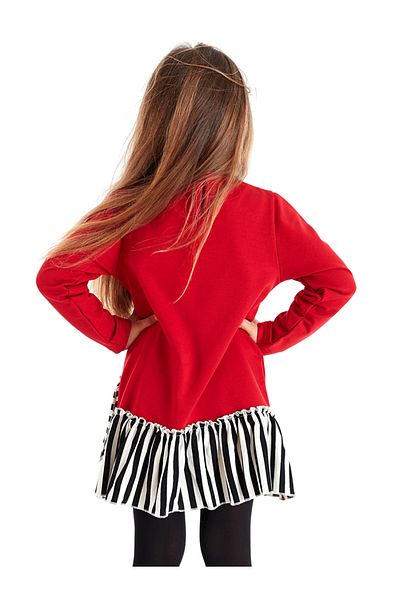 MSHB&G Rotes Meow Pow gestreiftes Mädchenkleid mit langen Ärmeln und Rüschen