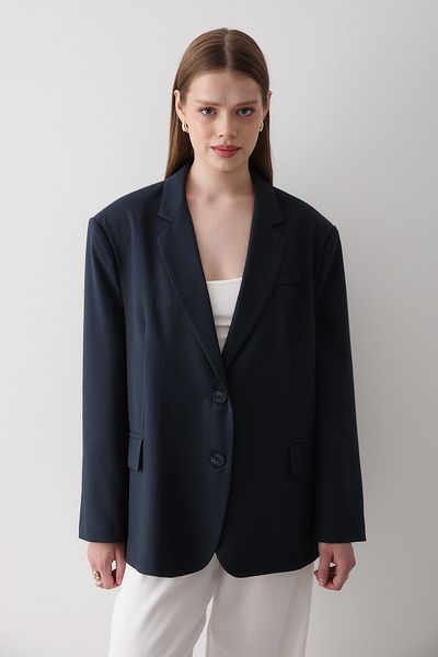 JASTE Women's Navy Blue Button Detailed Oversize Blazer Jacket