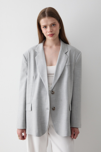 JASTE Women's Gray Button Detailed Oversize Blazer Jacket