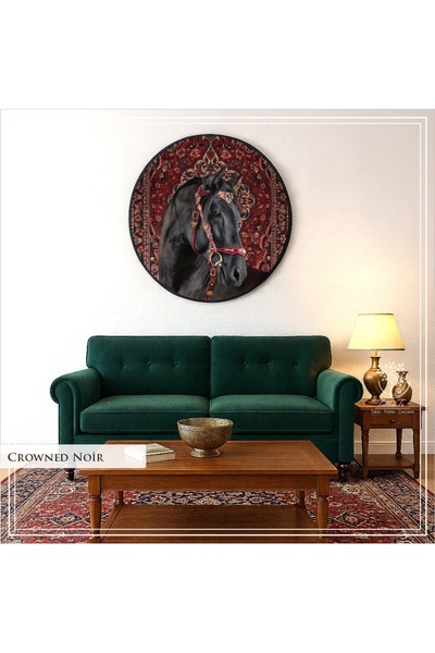 Tablomtr Dijital Baskılı Metal Çerçeveli Camlı Tekli Yuvarlak Dekoratif Tablo -Crowned Noir