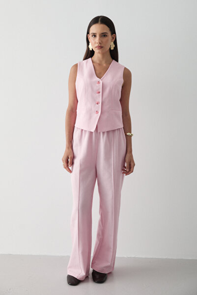 JASTE Kadın Pembe Düğmeli Yelek & Palazzo Beli Lastikli Pantolon Keten Takım