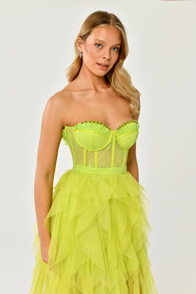 ALFABETA KADIN ABİYE Straplez Yırtmaçlı Katlı Beli Transparan Tül Elbise