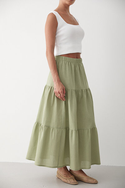 JASTE Women's Çağlakat Floor Gathered Elastic Waist Linen Skirt