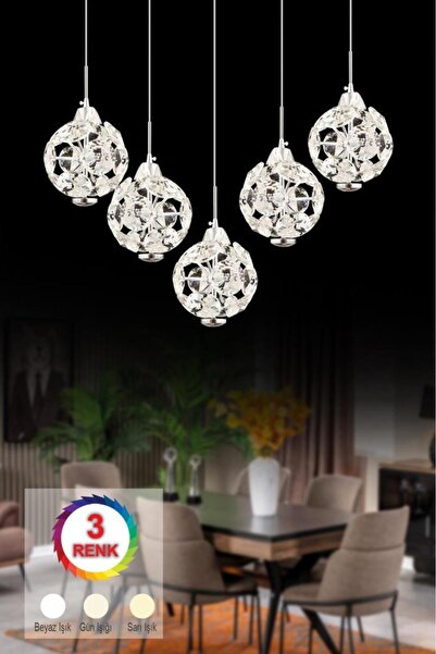 İstanbul Avize İstanbul Avize Dali Yemek Masası 5'li Gümüş 3 Renk Ledli Modern Led Avize