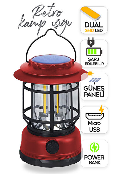 SULED Retro Kamp Lambası Fanus Fener USB Güneş Şarjlı 10W Güçlü Led Işık Power Bank Özellikli