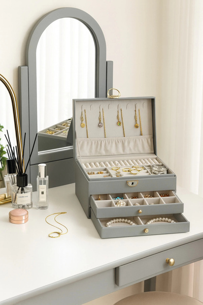 Evistro Dışı Deri İçi Kadife Kilitli 2 Çekmeceli Takı Bijuteri Mücevher Kutus...