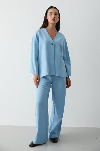 JASTE Kadın Mavi Düğmeli V Yaka Kimono & Beli Lastikli Pantolon Keten Alt & Ü...