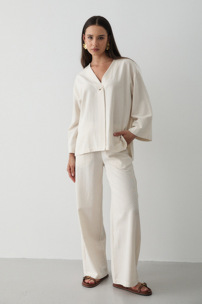JASTE Kadın Naturel Düğmeli V Yaka Kimono & Beli Lastikli Pantolon Keten Alt ...