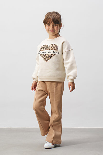 Minipodyum Heart Embroidered Leopard Patterned Girl's Top and Bottom Set