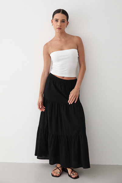 JASTE Дамска черна многопластова ленена пола с еластична талия и набрани крачоли