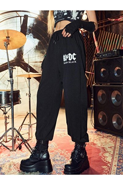 VBSVİBES Γυναικεία μαύρη φούτερ με στάμπα Acdc από καουτσούκ Jogger 2 κλωστές χωρίς υψηλό