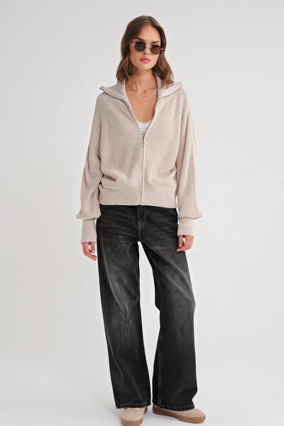 Mixray 6919 Women's Zippered Turtleneck Sweater Cardigan Stone
