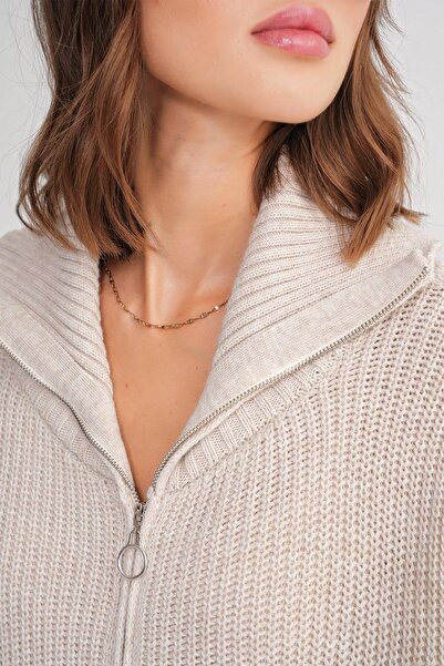 Mixray 6919 Tricotaj de damă cu fermoar cu gât tricotat Cardigan Stone