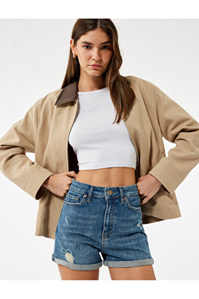 Koton Normal Bel Cepli Pamuklu Denim Şort