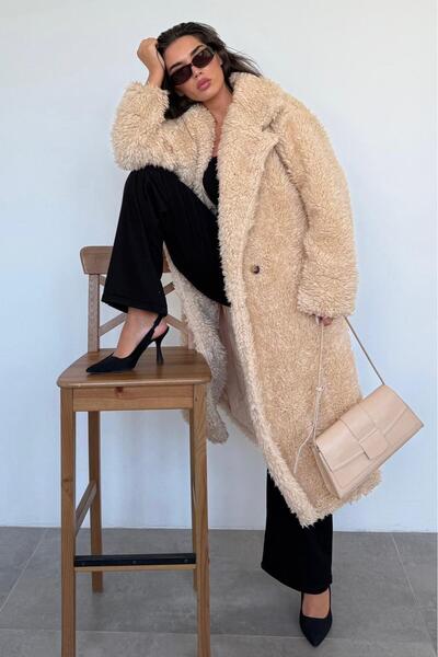 Madmext Beige Buttoned Plush down Coat Mg2516