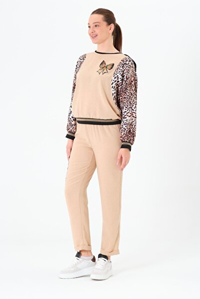 Sortie Collection Women's Garnished, Elastic Waist, Batwing Sleeve, Leopard Print Blouse-Pants Beige Bottom-Top Set