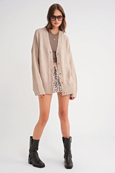 Mixray 6927 Μπεζ Γυναικεία Πλεκτή Ζακέτα - Μαλακό και χαλαρό βασικό μοντέλο