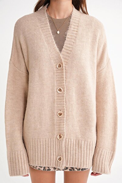 Mixray 6927 Μπεζ Γυναικεία Πλεκτή Ζακέτα - Μαλακό και χαλαρό βασικό μοντέλο