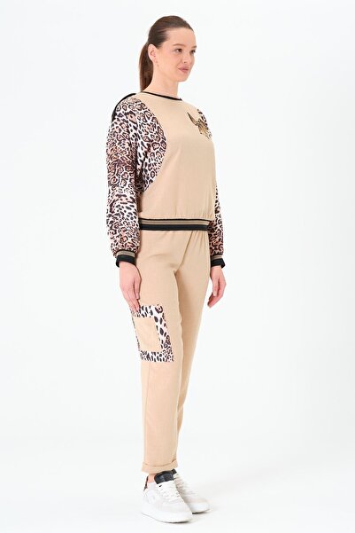 Sortie Collection Women's Garnished, Elastic Waist, Batwing Sleeve, Leopard Print Blouse-Pants Beige Bottom-Top Set