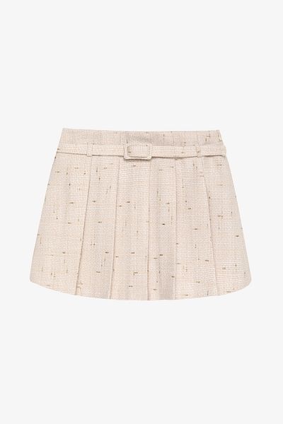 Quzu Belt Detailed Pleated Tweed Mini Shorts Skirt Beige