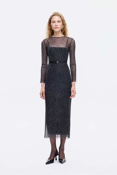 Quzu Polka Dot Transparent Midi Dress with Belt Accessories Black