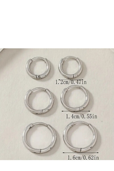 Çelik 6lı Gümüş Renk Halka Küpe Seti - 1.2cm / 1.4cm / 1.6cm