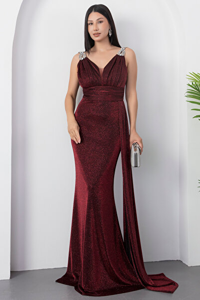 PULLIMM Glitter Detailed Shoulder Stone Evening Dress - 39844